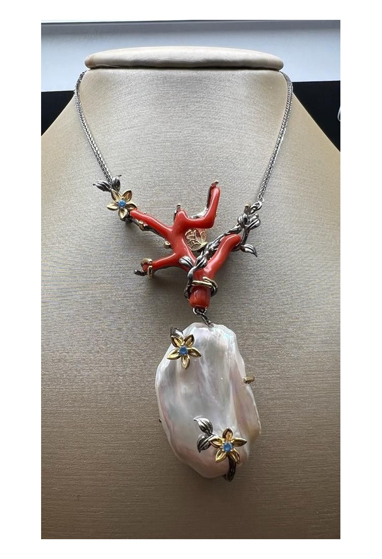 Collar coral cerdeña y perla plata