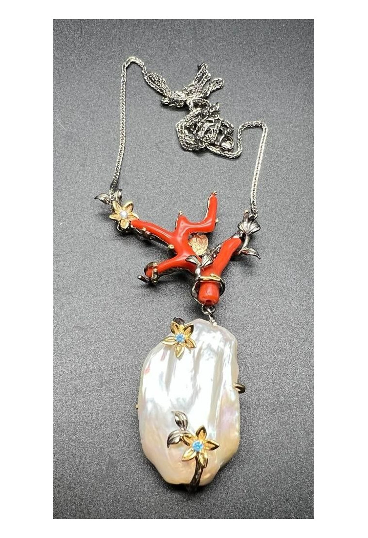 Collar coral cerdeña y perla plata