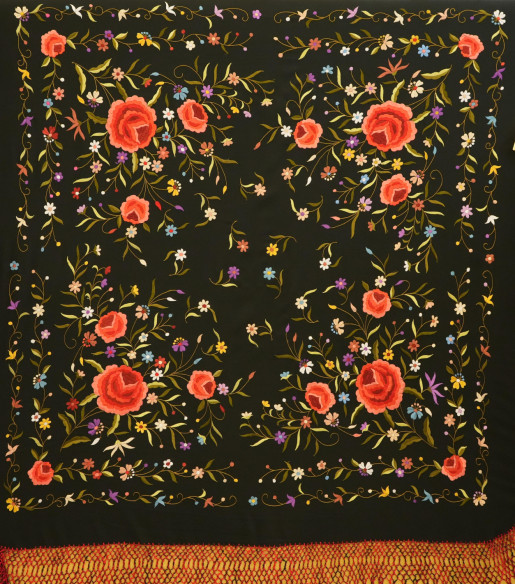 Mantón mano seda 140cm fleco combinado