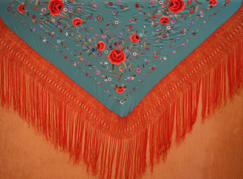 Mantón mano seda 140cm fleco combinado