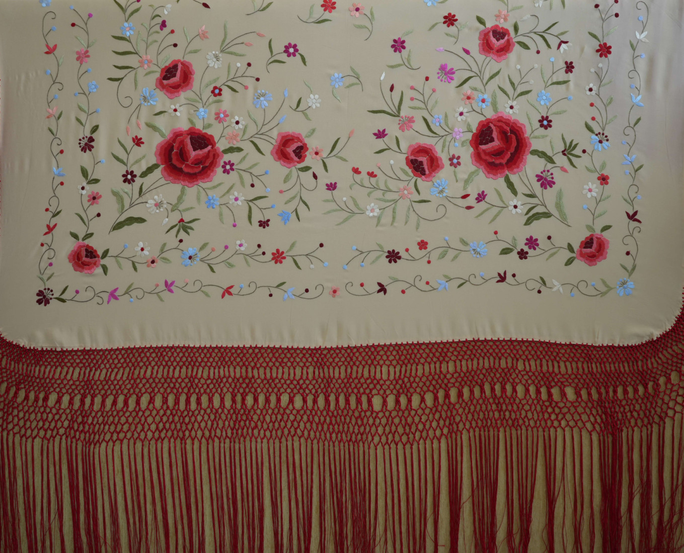 Mantón mano seda 140cm fleco combinado