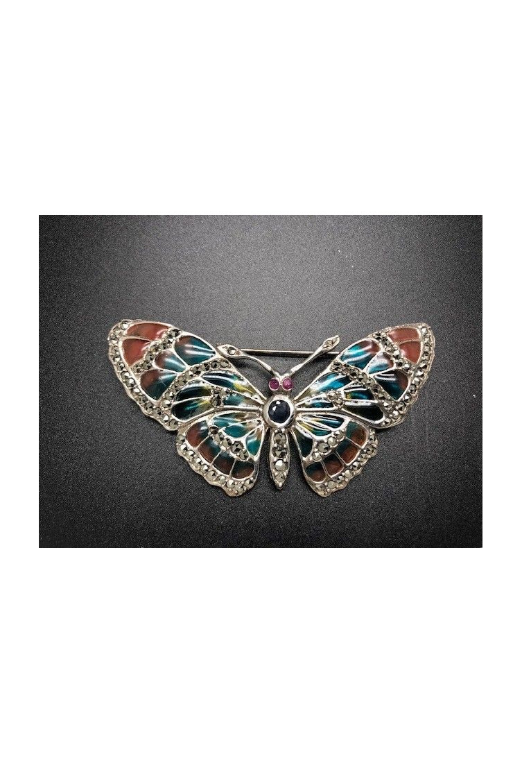 Broche mariposa plata con marcasitas vidriada