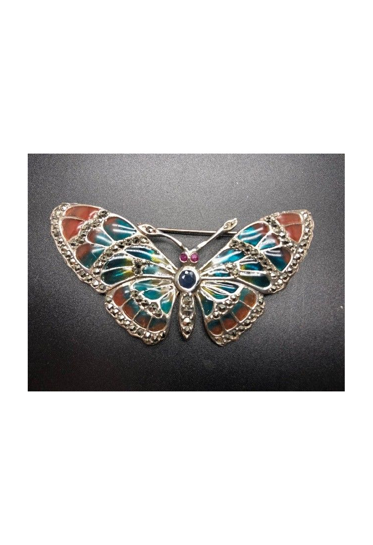 Broche mariposa plata con marcasitas vidriada