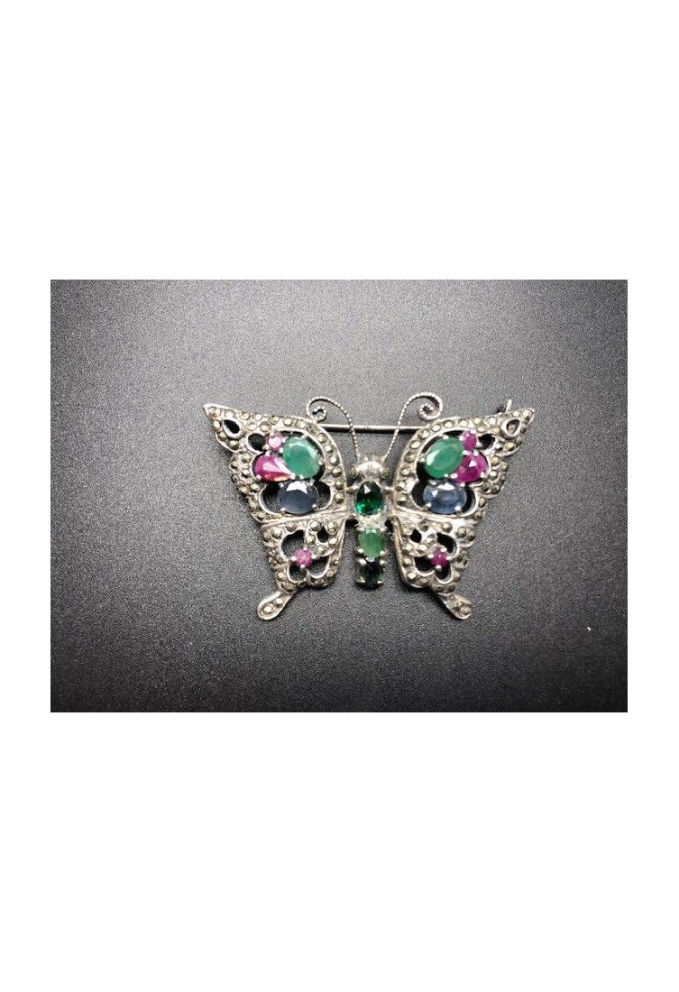Broche mariposa plata con marcasitas y cristal colores