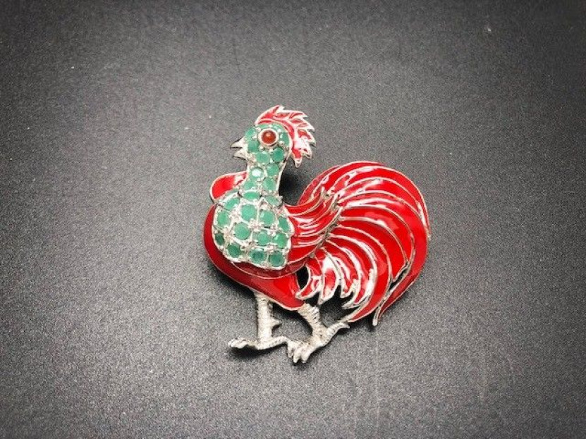 Broche gallo plata y esmalte
