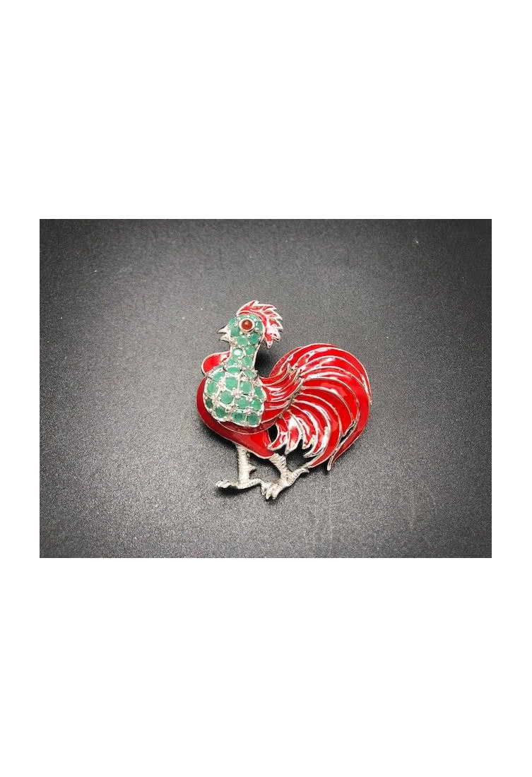 Broche gallo plata y esmalte