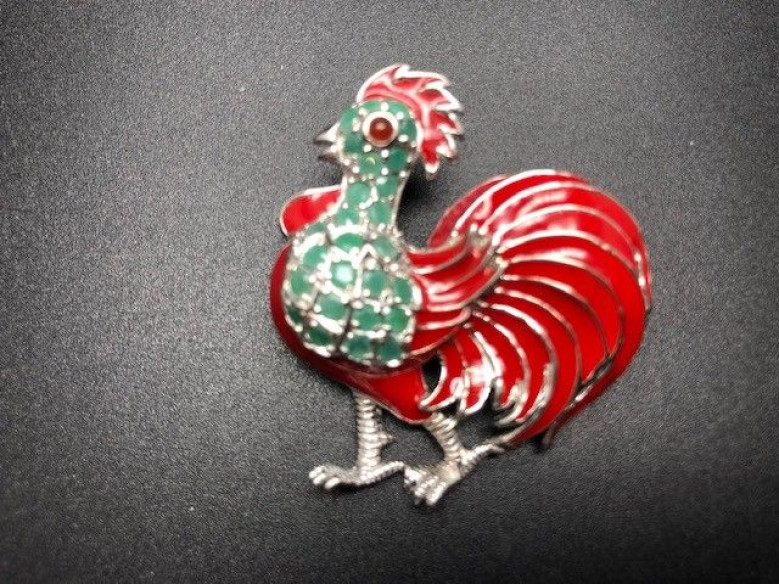 Broche gallo plata y esmalte