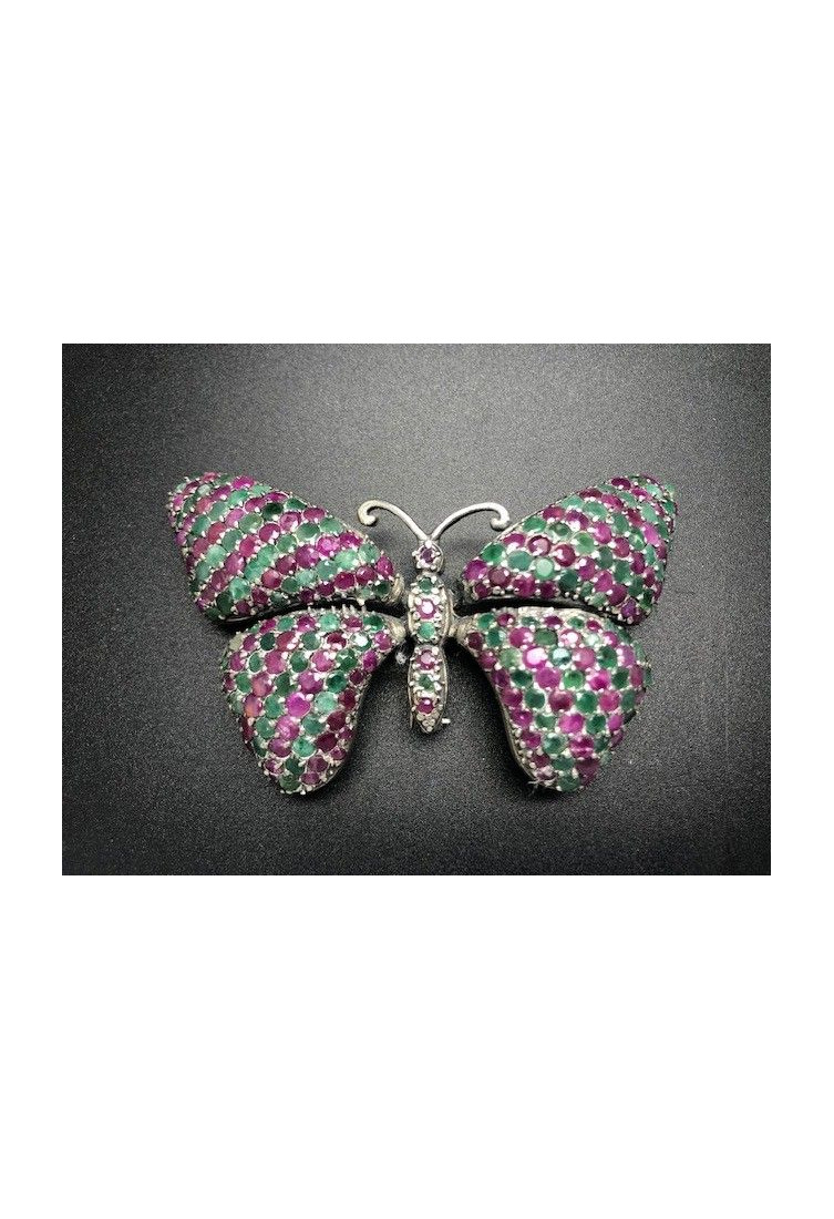 Broche mariposa plata esmeralda y rubi