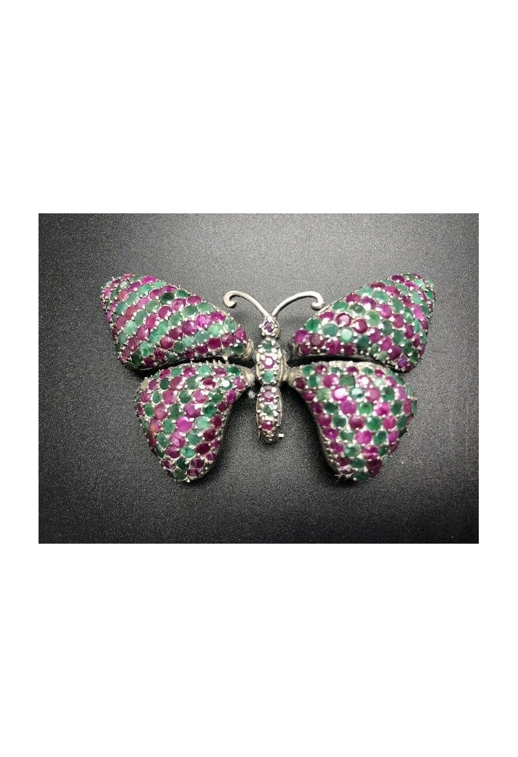 Broche mariposa plata esmeralda y rubi