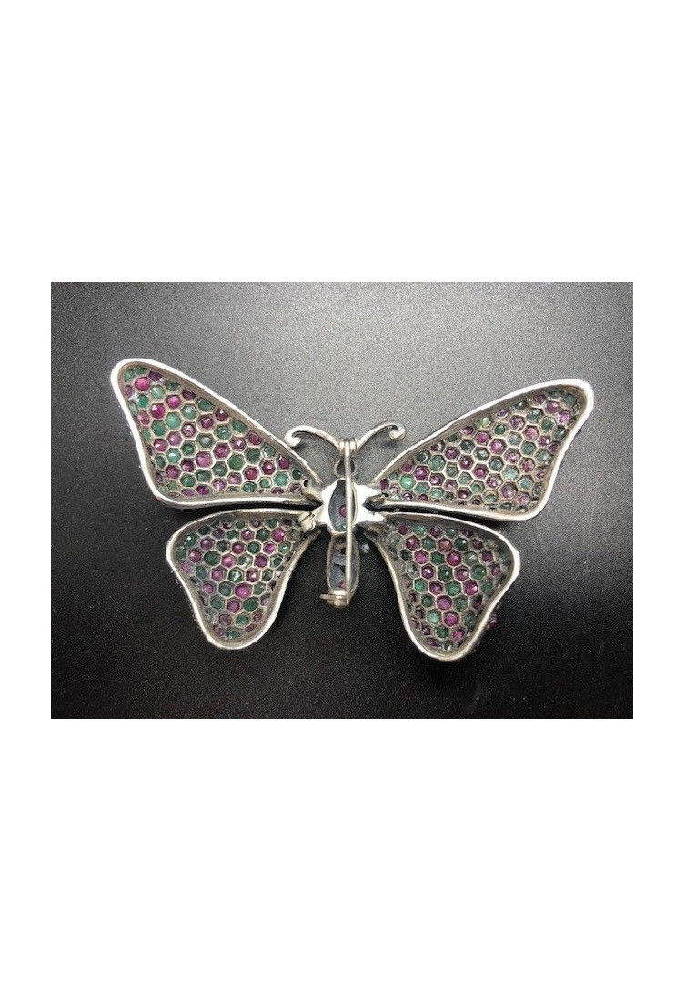 Broche mariposa plata esmeralda y rubi
